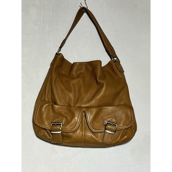 Michael Kors Leather Double Buckle Hobo Saddle Bag Brown Slouchy Satchel Handbag - Picture 1 of 13